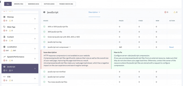 SE Ranking shows technical issues of a website.