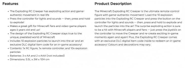 A product description page presents information in a bullet point list.