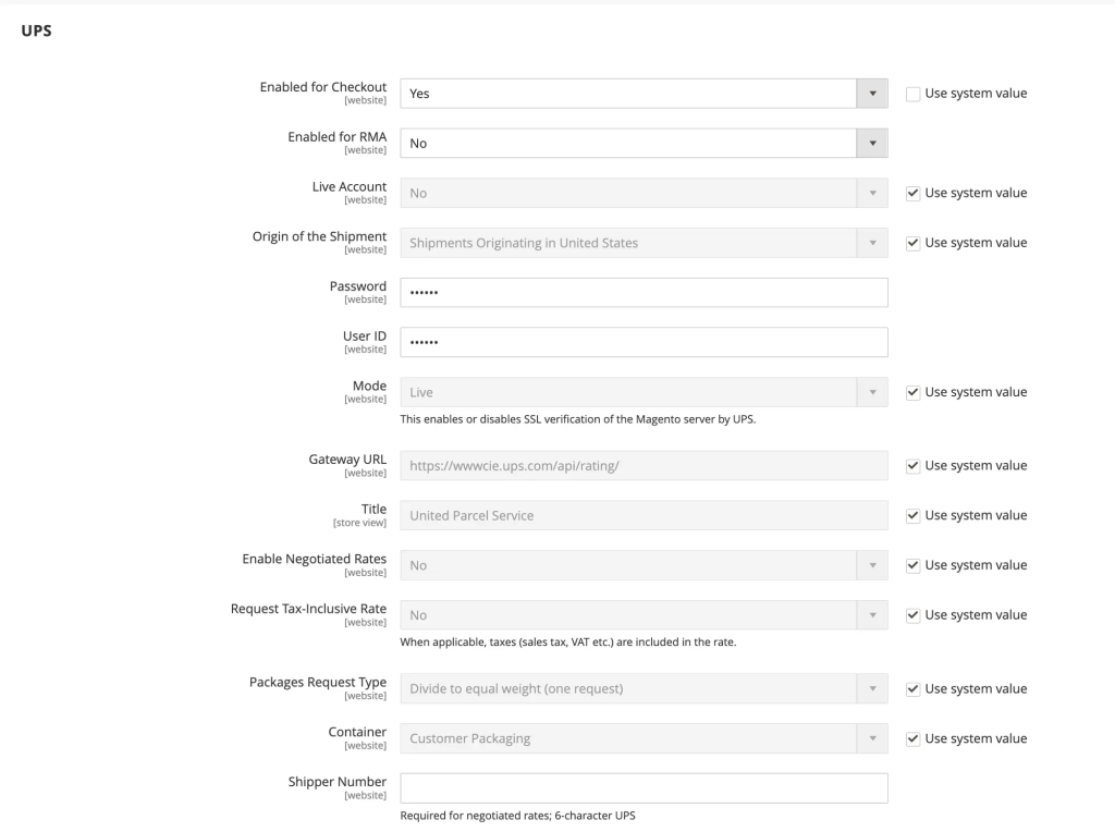 Magento UPS shipping setup window with configuration options