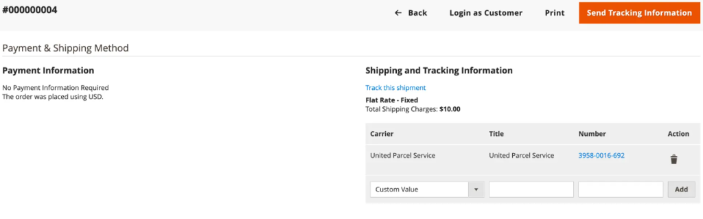 A screenshot of Magento shipment page section for modifying shipment tracking  information