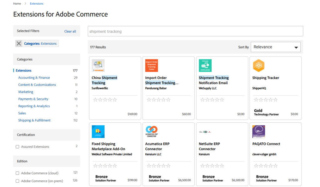 Magento marketplace showing shipping tracking extensions